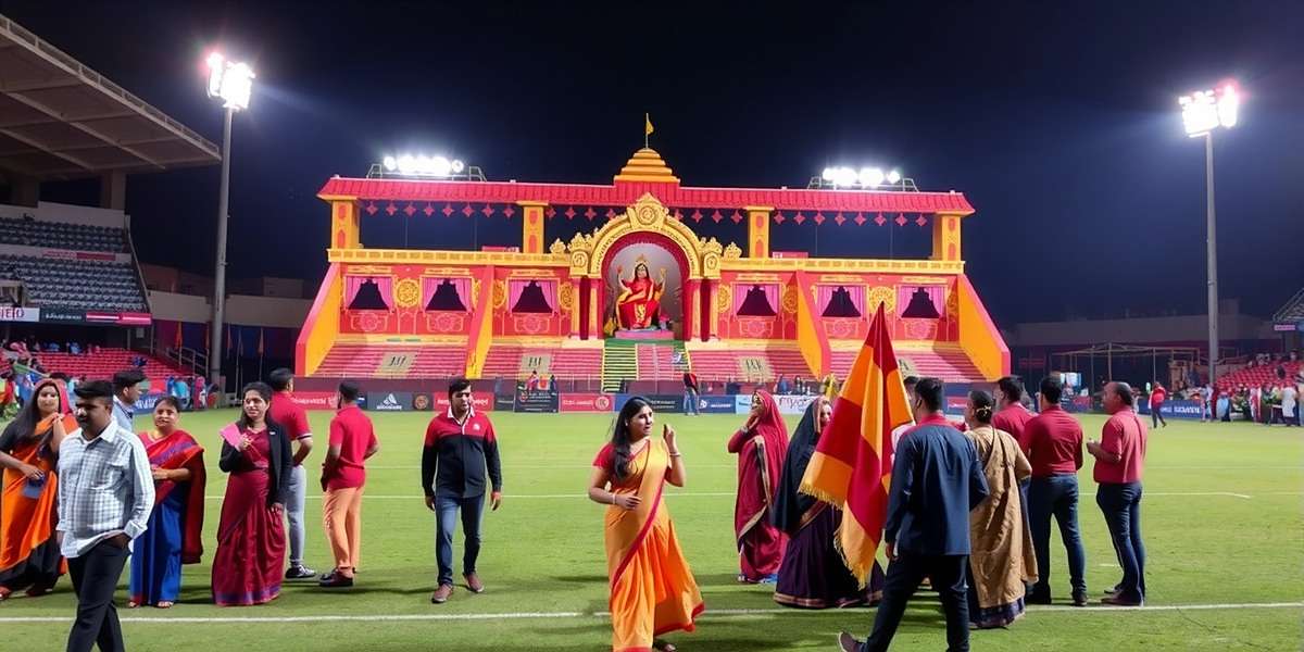 Kolkata Football League Durga Puja event showing decorated stadium with pandal-like structures and players in traditional Bengali attire