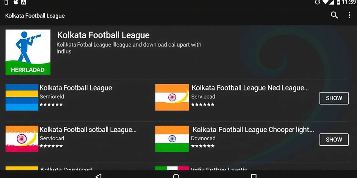 Kolkata Football League download page showing app store icons and download statistics for different Indian states